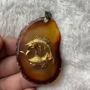 Vintage Yin Yang Koi Fish Abundance Faux Agate Amber Resin Pendant‎
